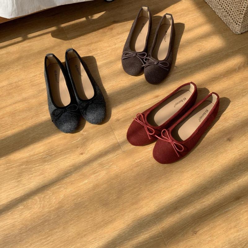 Französische Ballerinas Wildleder Ballett Einzelschuhe Damen 2025 neu Frühling und Herbst Schleife rot Abendschuhe Damen