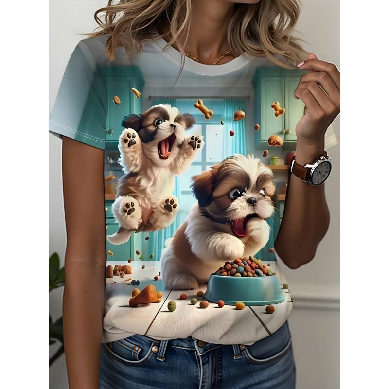 Womens Slim Fit Short Sleeve T-Shirt With 3D Cartoon Animal Print Digital Printing Casual Top