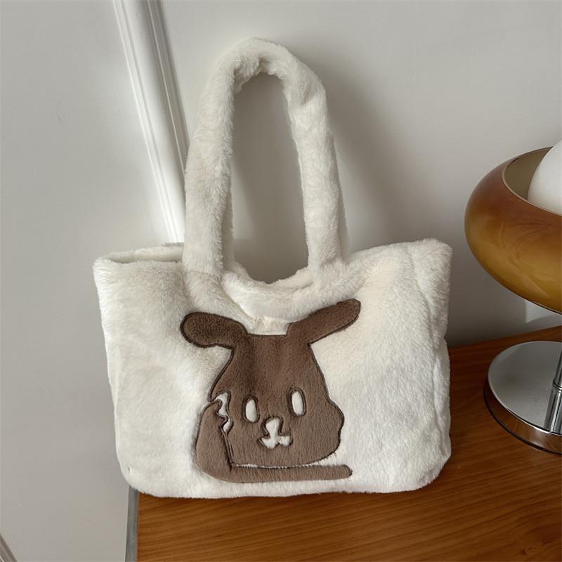 Wholesale Fashion Street Style Large Capacity Plush Tote Bag Women Winter Bunny Embroidery Shoulder Bag