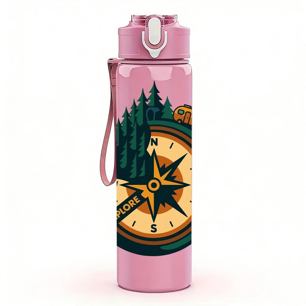 1PC Vintage Compass Outdoor Adventure Print 750ml Color Plastic Sports Water Bottle Leakproof Flip Straw Lid Suitable for Sports Office Home Use