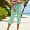 Damen Capri-Hose mit hohem Bund und Kordelzug Locker Gerade Karomuster Baumwoll-Leinen-Mischung Tasche Vintage Sommer Lässig Cropped Hose