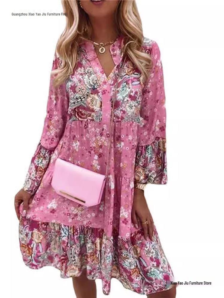 New Summer V-neck Chiffon Pleated Print Dress