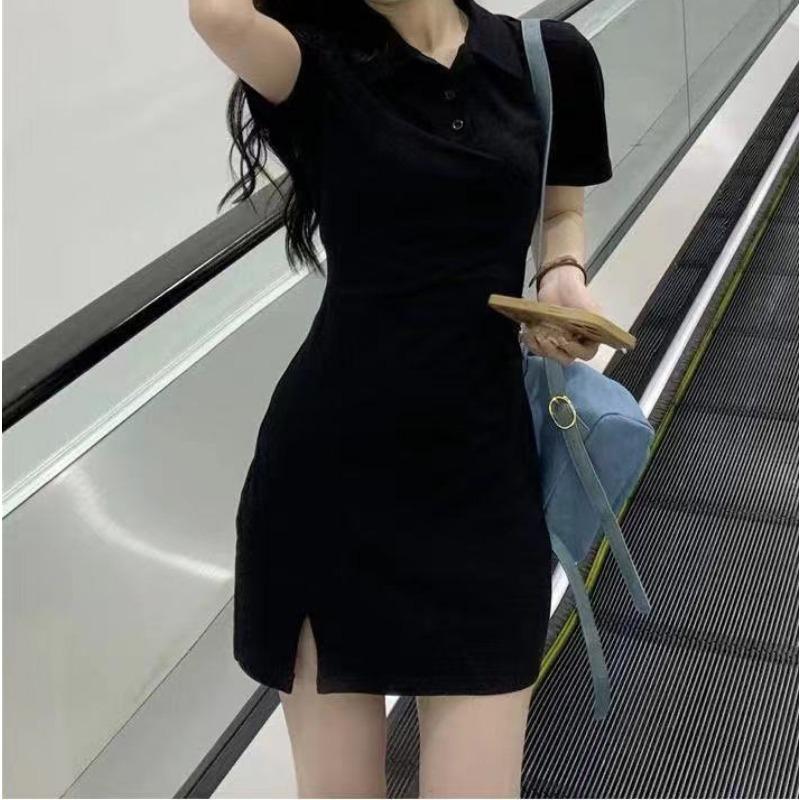 YYFS Women's Fashion Summer Spring Solid Color Print Short Sleeve POLO Neck High Waist Casual Dresses