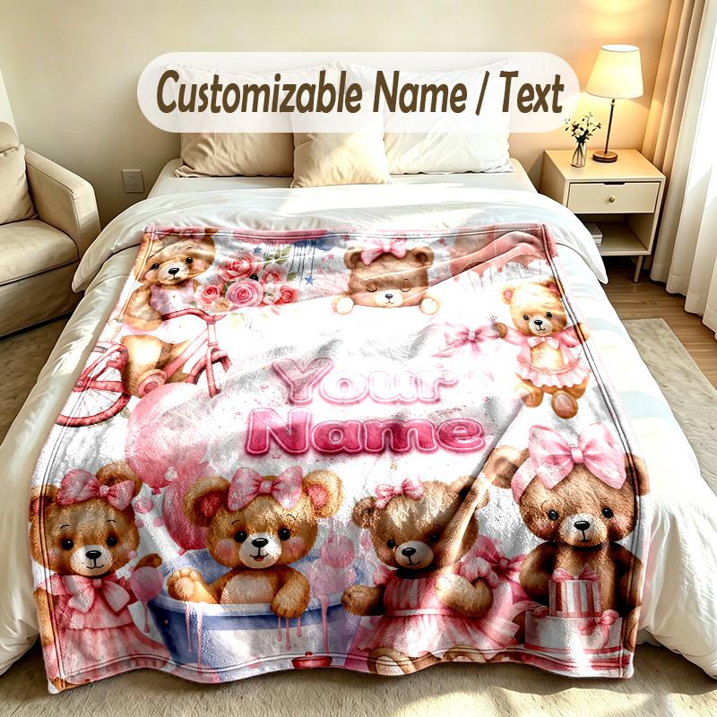 Teddy Bear Theme Custom Blanket Personalized Name & Text Customized Soft Warm Throw Blanket Home Decor