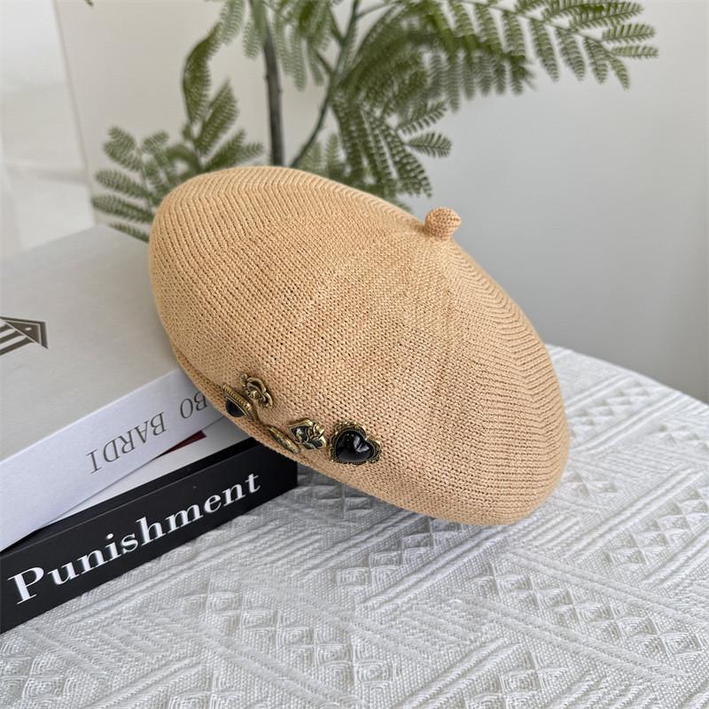 Elegant Japanese Style Oversized Button Decor Beret Hat Women's Fashionable Hollow Breathable Eight-panel Beret