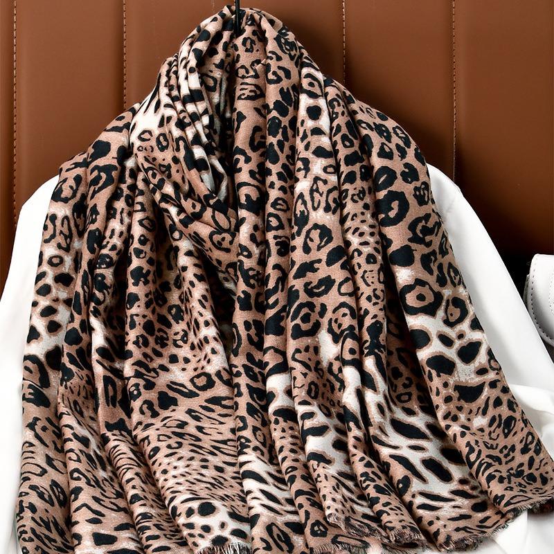 Fashion New Human Cotton Splicing Leopard Print Satin Long Scarf Spring and Autumn Thin Scarf Versatile Silk Scarf Shawl