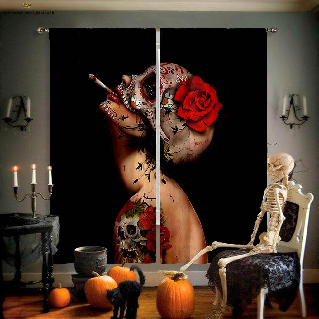 Creative Skull Flower 3D Printing Curtain, Bedroom, Living Room, Restaurant, Halloween Party Decoration, 2 Pieces