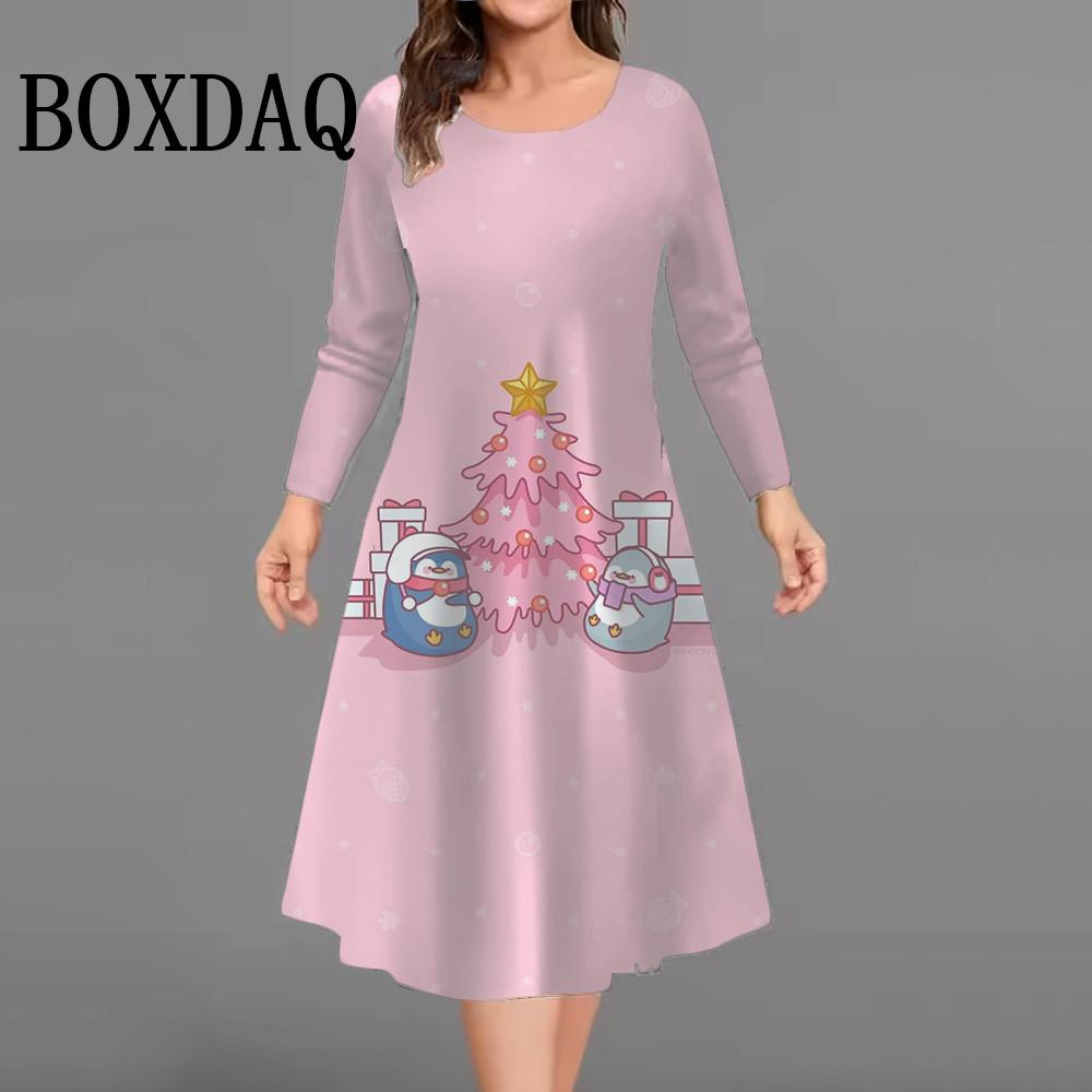 Christmas Tree Snowmen Party Dresses For Women Plus Size Winter Long Sleeve Dress Trendy Cute Casual Loose A-Line Dress