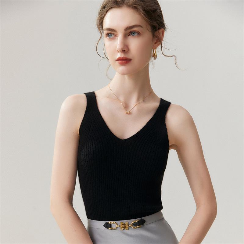 Lekasha 100% Pure Cashmere V-Neck Slim-Fit Ribbed Camisole Base Layer