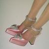 Spring Summer Rhinestone High Heels Women Sexy Crystal Heart Shape Buckle Pointed Toe Shoes Platform Pumps Sandals
