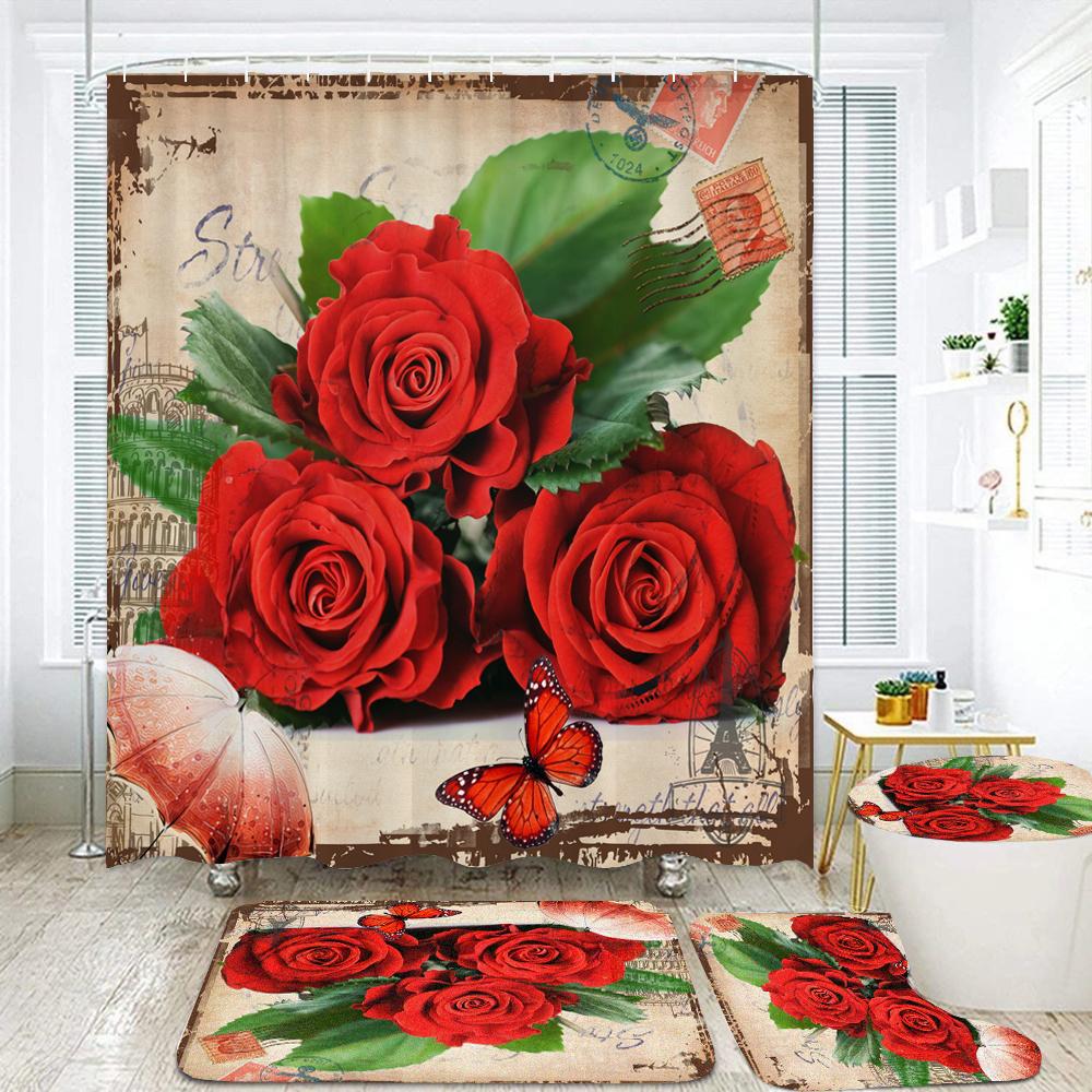 Tulip Flowers Bathroom Curtains Floral Fabric Shower Curtain Set Bath Mats Rugs Toilet Lid Cover Anti-Skid Carpet Home Decor