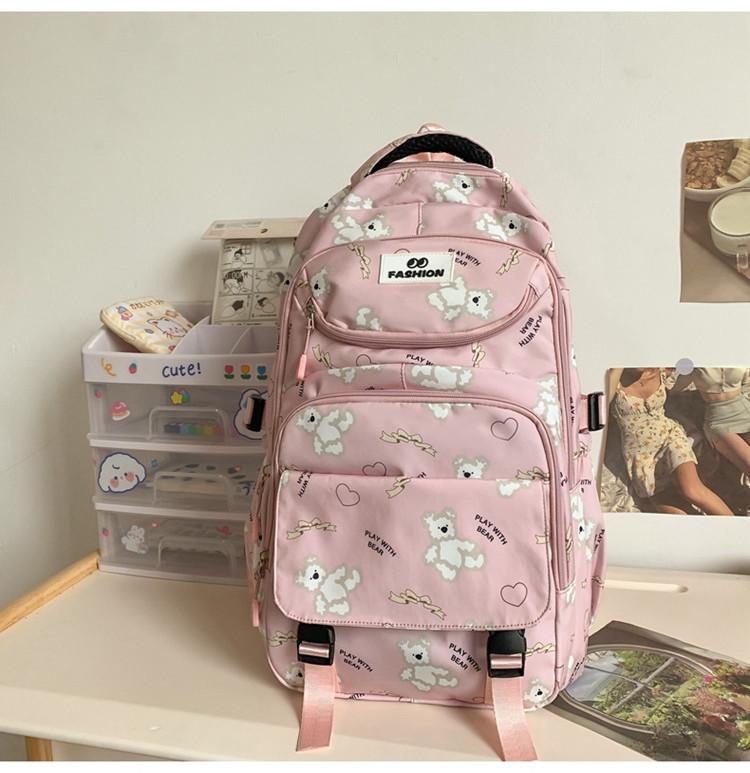 Trendy Black And Pink Casual Backpack For School Travel With Bear Print Design