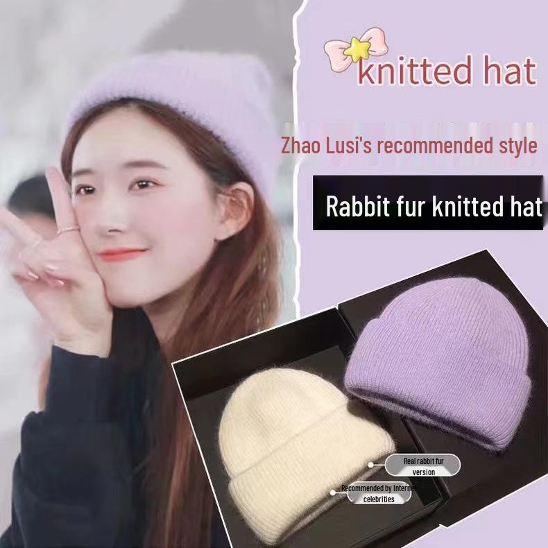 Japanese High-End Women's Rabbit Fur Knitted Beanie - Trendy Autumn/Winter Warm Hat