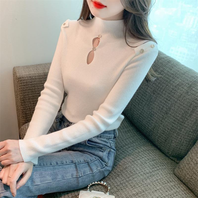 Autumn and Winter Women's Knitwear Half-high Neck Bottoming Shirt Inside The Hollow Beaded Knitwear Long-sleeved Tops