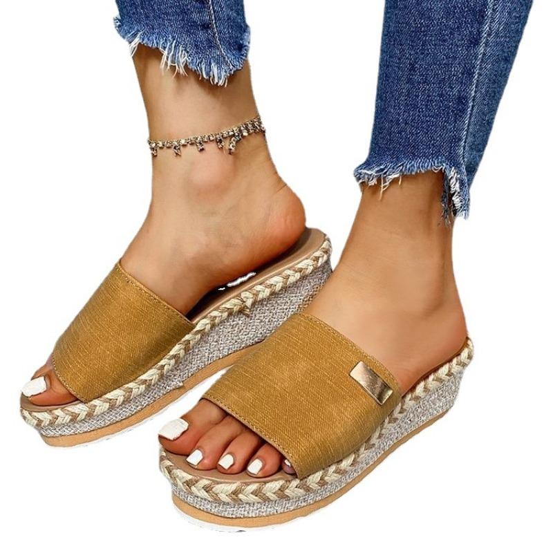 Foreign Trade Large Size Women's Shoes European and American Summer New  Heel Hemp Rope Slippers Women's Thick-soled Cool Slippers Women's Outer Wear
