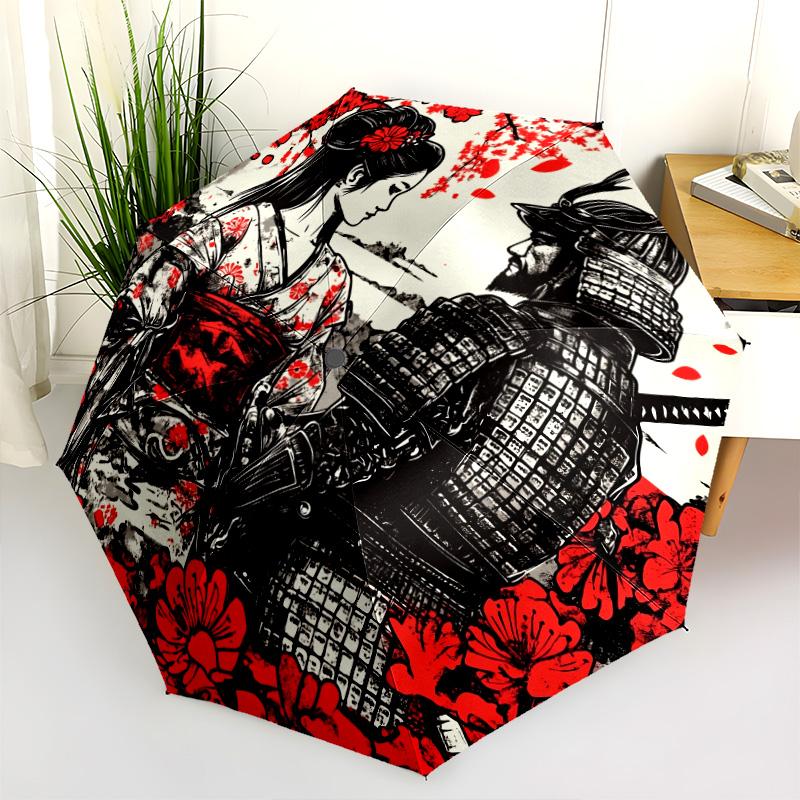 Beauty and Samurai  Pattern, Automatic Folding Umbrella, Portable and Foldable Design, 8 Ribs, a Christmas or Birthday Gift.