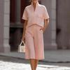 White Short Sleeve V Neck Pocket Top and Wide Leg Mid-Cropped Pants Two Piece Set