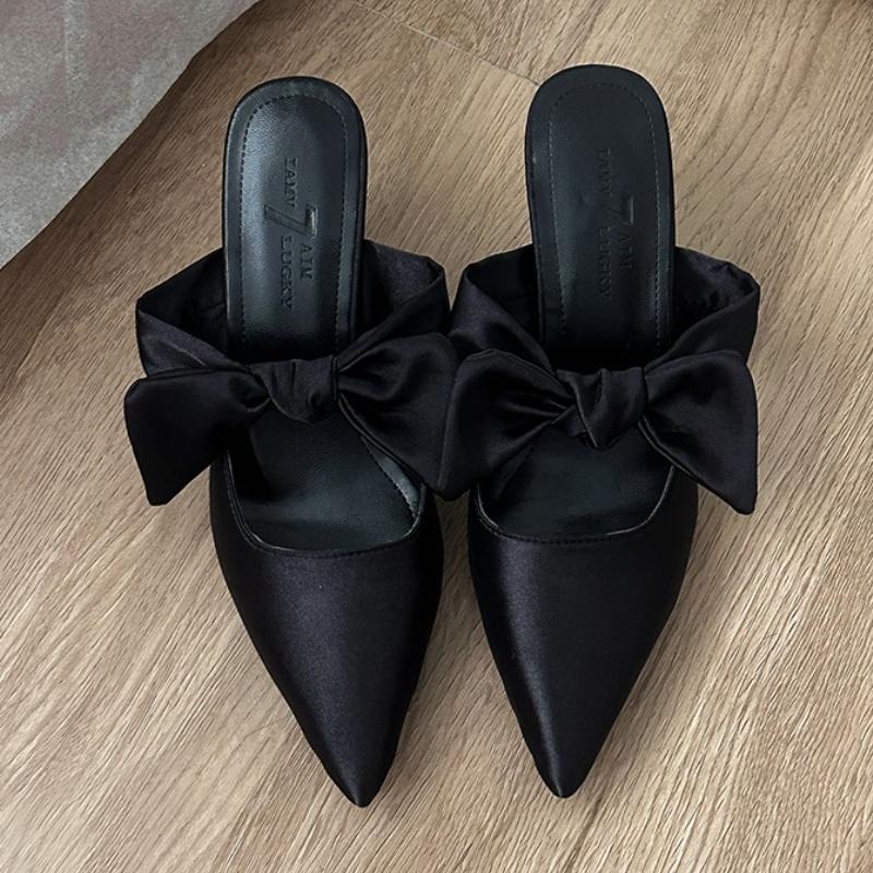 Fashion Elegant Bow Women Heeled Slippers Designer High Heels Shoes 2025 Trend Fad Pointed Toe Stilettos Pumps Summer Sandalias De Mujer