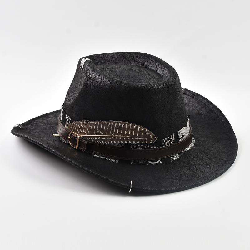 Vintage Faux Leather Western Cowboy Hat for Men Handmade Gentleman Jazz Hats Panama Cowgirl Hat Sombrero Hombre