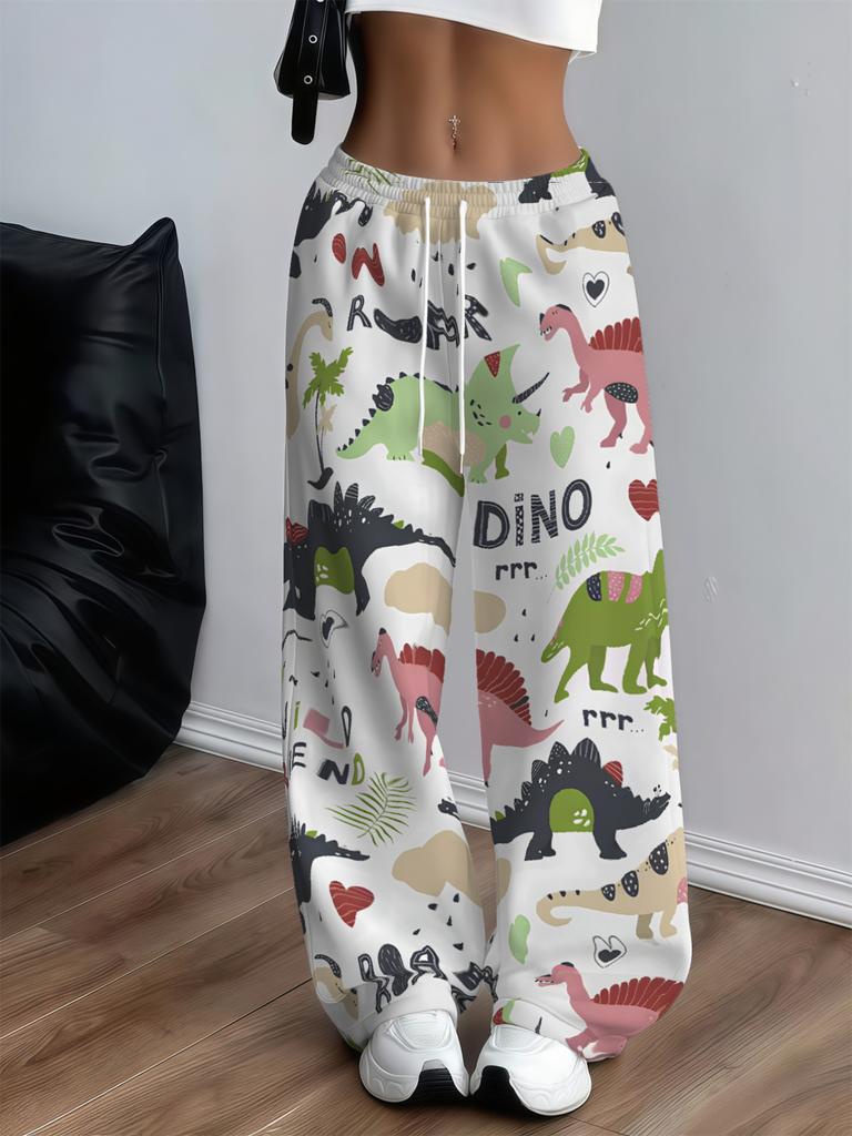 Women's printed dinosaur partner jogging pants, loose elastic waist drawstring sweatpants