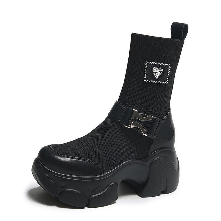 

2025 autumn thick-soled inner height increase locomotive wind Martin boots women s fashion new versatile mid-tube boots elastic socks 34 чёрный