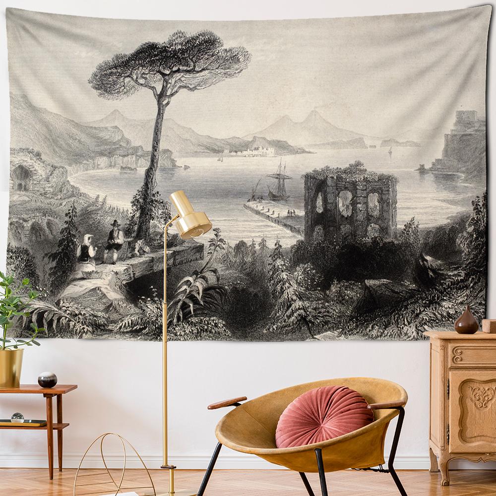 European Port Black And White Wash Painting Tapestry Wall Hanging Pine Psychedelic Bohemian Hippie Bedroom Decor
