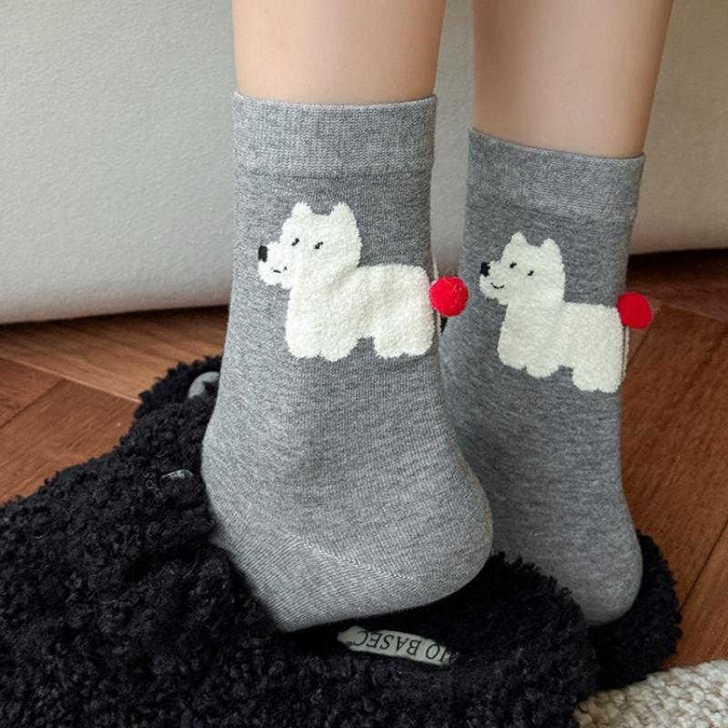 Women's 3D Cartoon Animal Mid-tube Socks with Ball Spring Autumn Cute Trendy CreativeSoft Breathable Cotton Socks