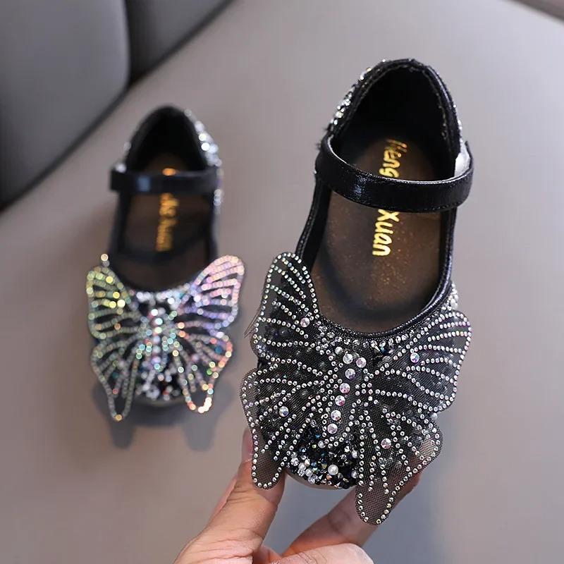 Girls Leather Shoes Children's Lace Butterfly Rhinestone Pearls Beading Performance Single Shoes Fashion Weeding Kids Shoes
