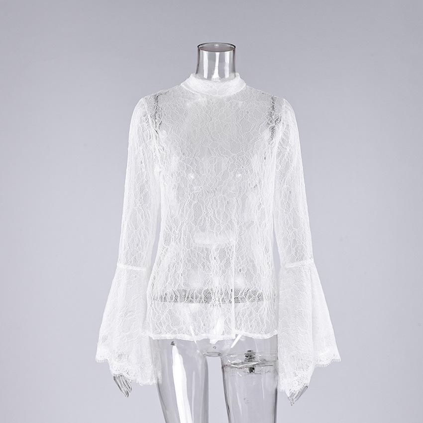 Elegant White Lace Blouse Women High Neck Flare Sleeve Top Sexy Sheer Mesh Shirt Hollow Out Victorian Partywear Tops Tee S белый