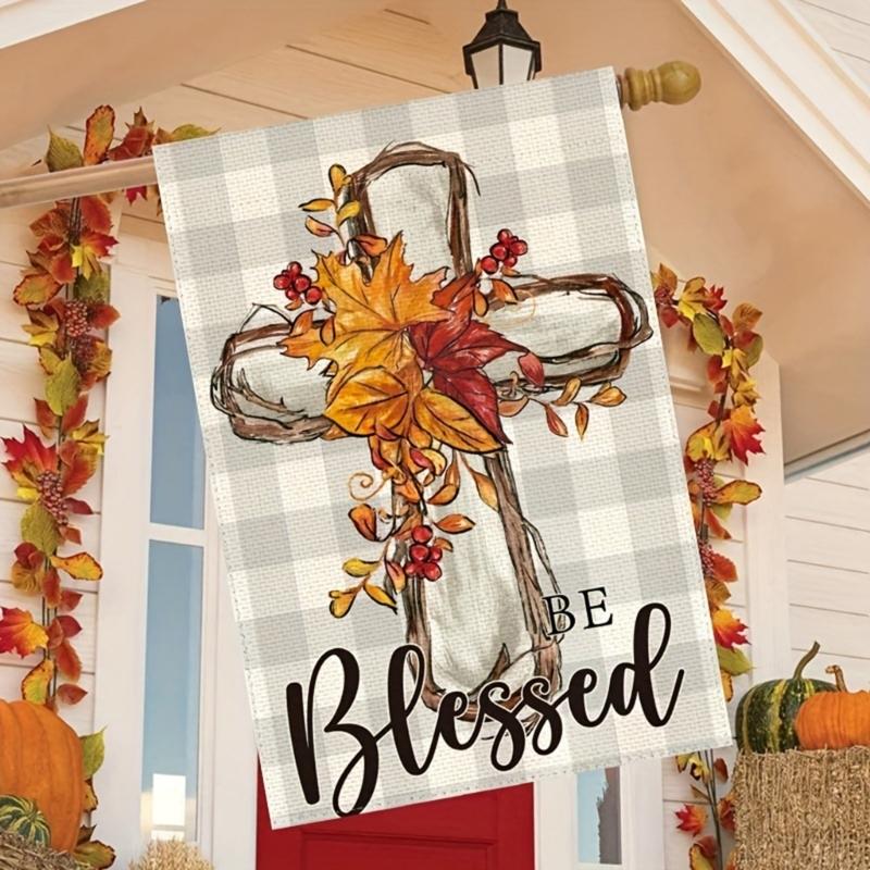 Double Sided Fall Yard Decoration Seasonal Maple Leaf Crosses Garden Flag 12x18 Inch for Thanksgiving Outdoor Display