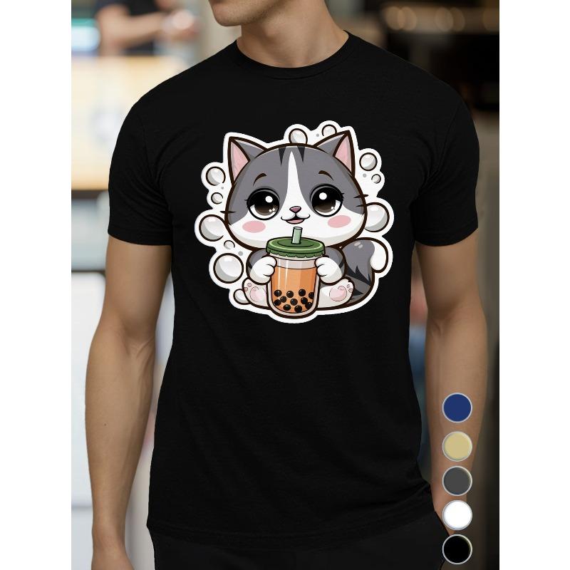 

European Size Men S Casual Crew Neck T-Shirt with Cute Cat Bubble Tea Design, 100% Cotton Knit Fabric, Slight Stretch, Summer Short Sleeve Top - Black 4XL чорний