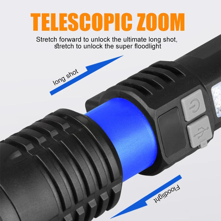 High Power LED Flashlight USB Rechargeable Light Telescopic Zoom Camping Torch with COB Side Light Multifunction Outdoor Lantern