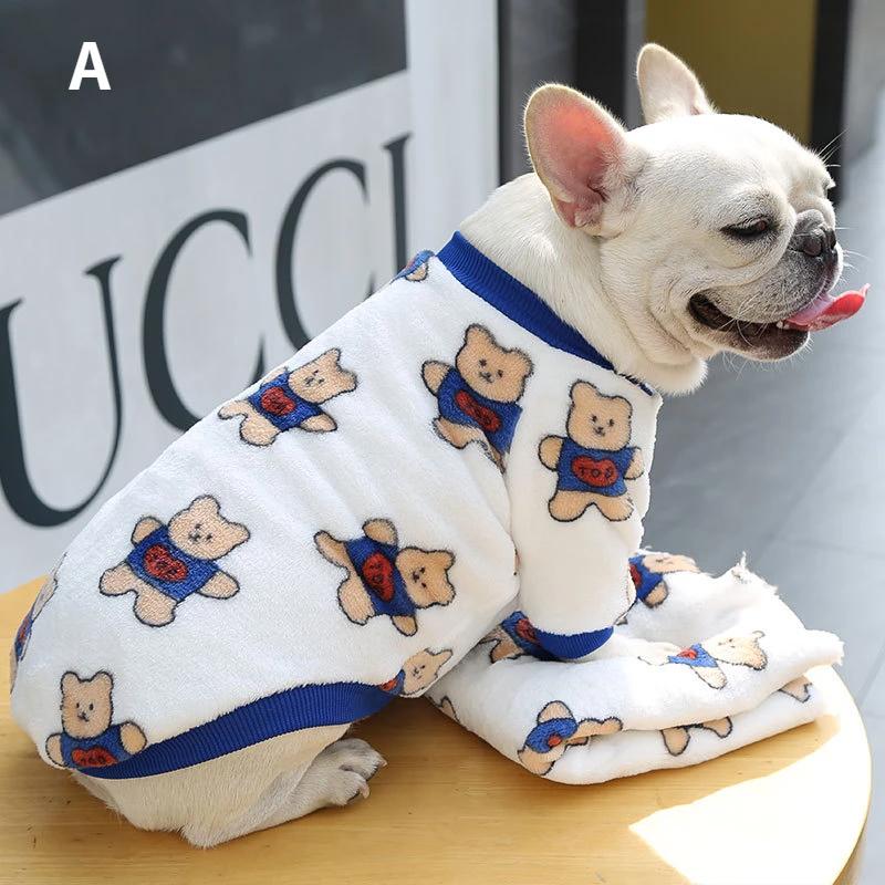 Warm Velvet Clothing Strawberry Bear Print French Bulldog Plaid Vest Clothing Supplies Pitbull Chihuahua Puppy Accessories