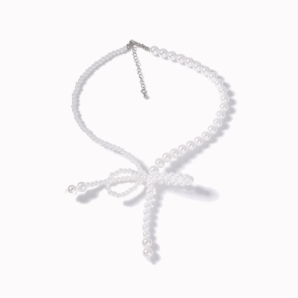 French Light Luxury Asymmetrical Pearl Bow Collarbone Chain Simple Sweet Cool Elegant Temperament Fringe Necklace