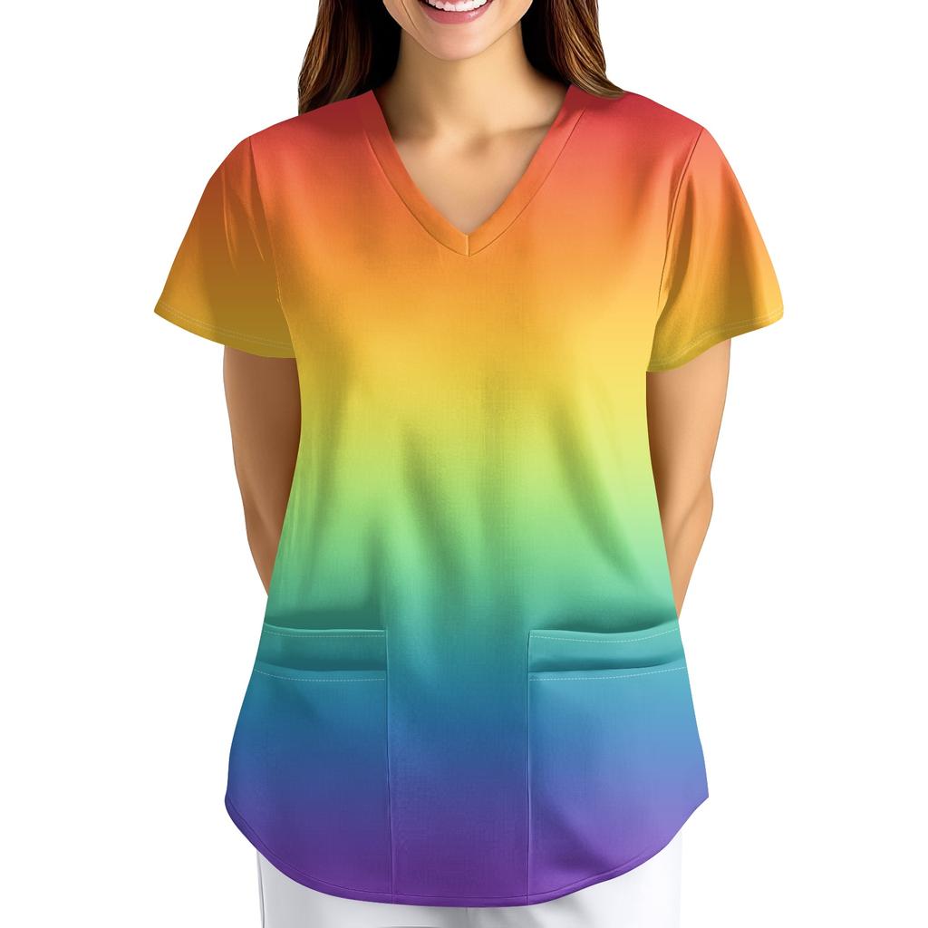 ÜbergrößeBedruckte Kasack Arbeitsuniform Oberteile für Damen V-Ausschnitt mit Überkreuzung Print Kurzarm Lustige T-Shirts Arbeitskleidung T-Shirt mit Taschen