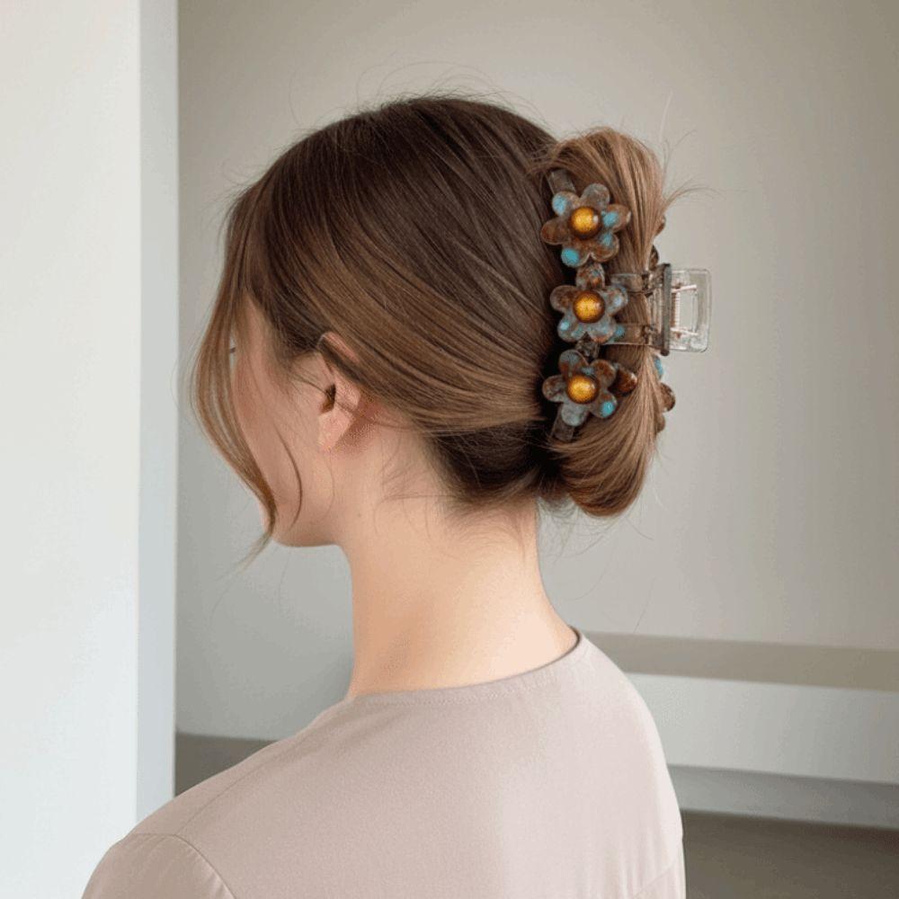 Tortoise Shell Floral Shark Clip Three Flower Acetate Hairpins Bridesmaid Wedding Updo