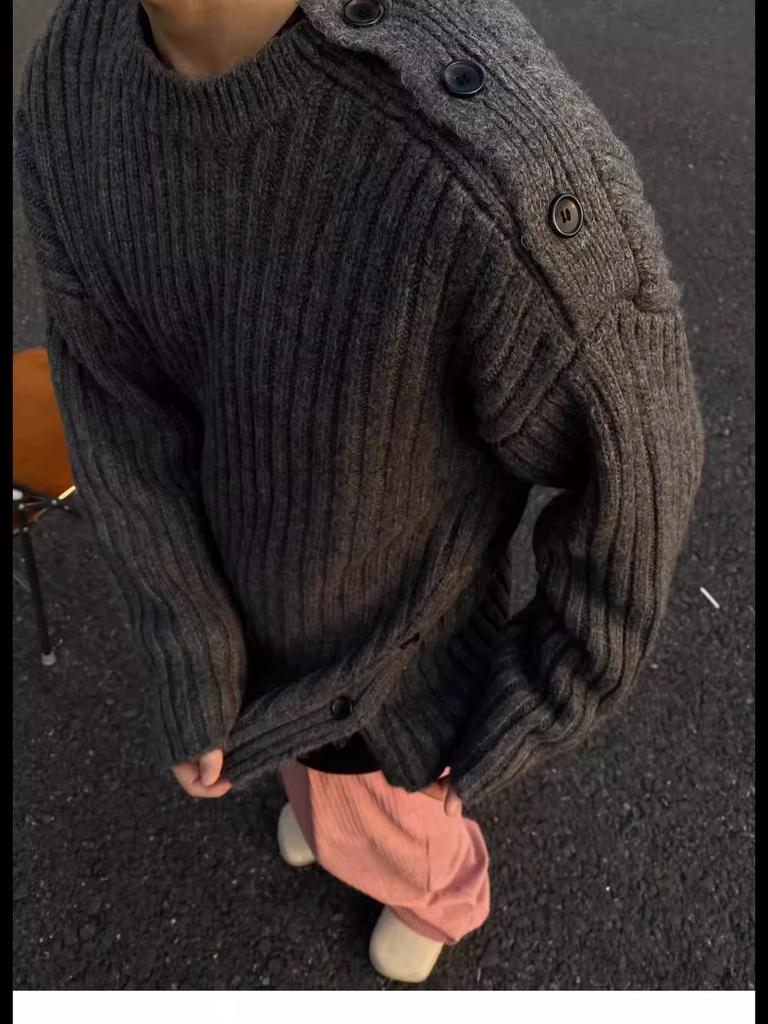 Heren geknoopte ronde hals donkergrijze trui - herfst/winter niche design gebreide jas