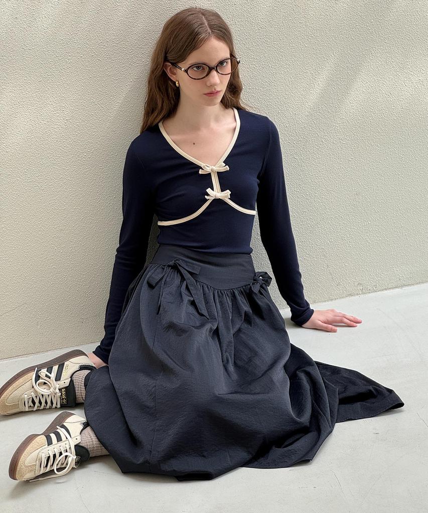 Rotre Domin Shirring Ribbon Navy Skirt