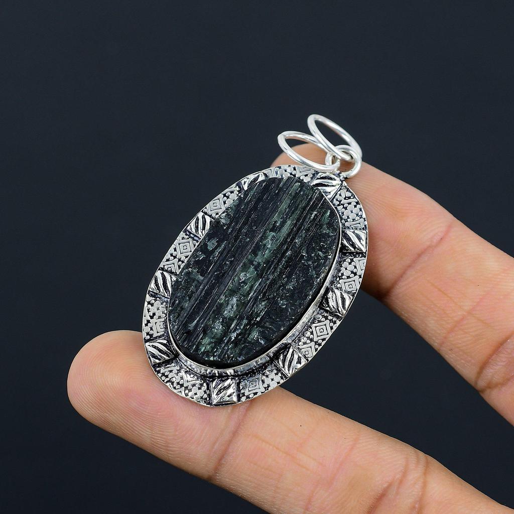Natural Black Tourmaline Rough Gemstone Pendant 925 Sterling Silver For Women