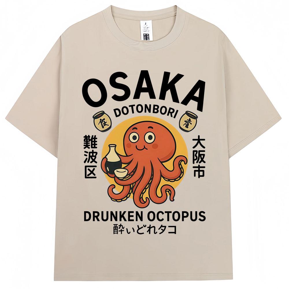 Japanese Style Drunken Octopus Osaka Graphic T Shirts Dotonbori Unisex Unisex Fashion Vintage Short Sleeve Oversized Cotton T Shirt