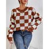 Autumn and Winter Women's Long Sleeve Colour Block Checker Plaid Loose Round Neck Pullover Sweater