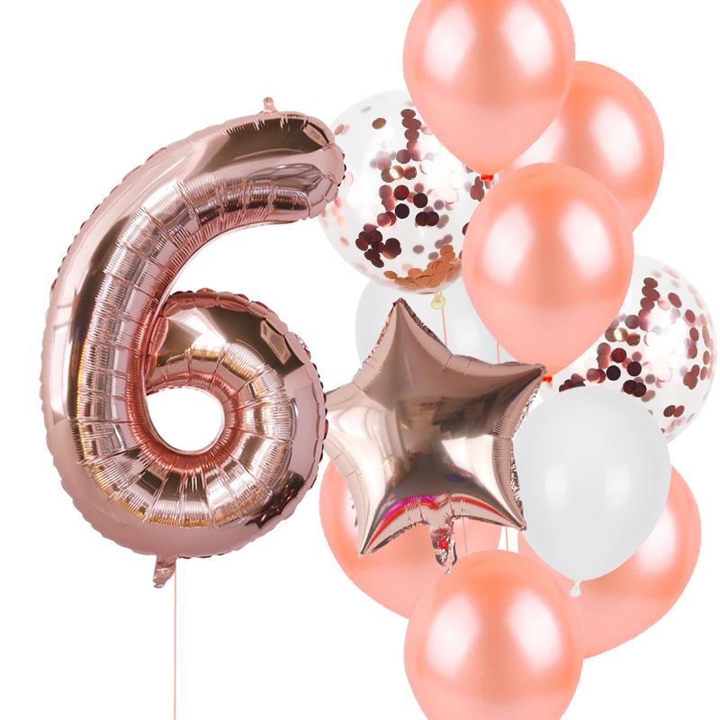 12pcs Rose Gold Number Foil Balloons Birthday Party Decoration Kids 1st First Baby Girl Princess 1 2 3 4 5 6 7 8 9 Years Old