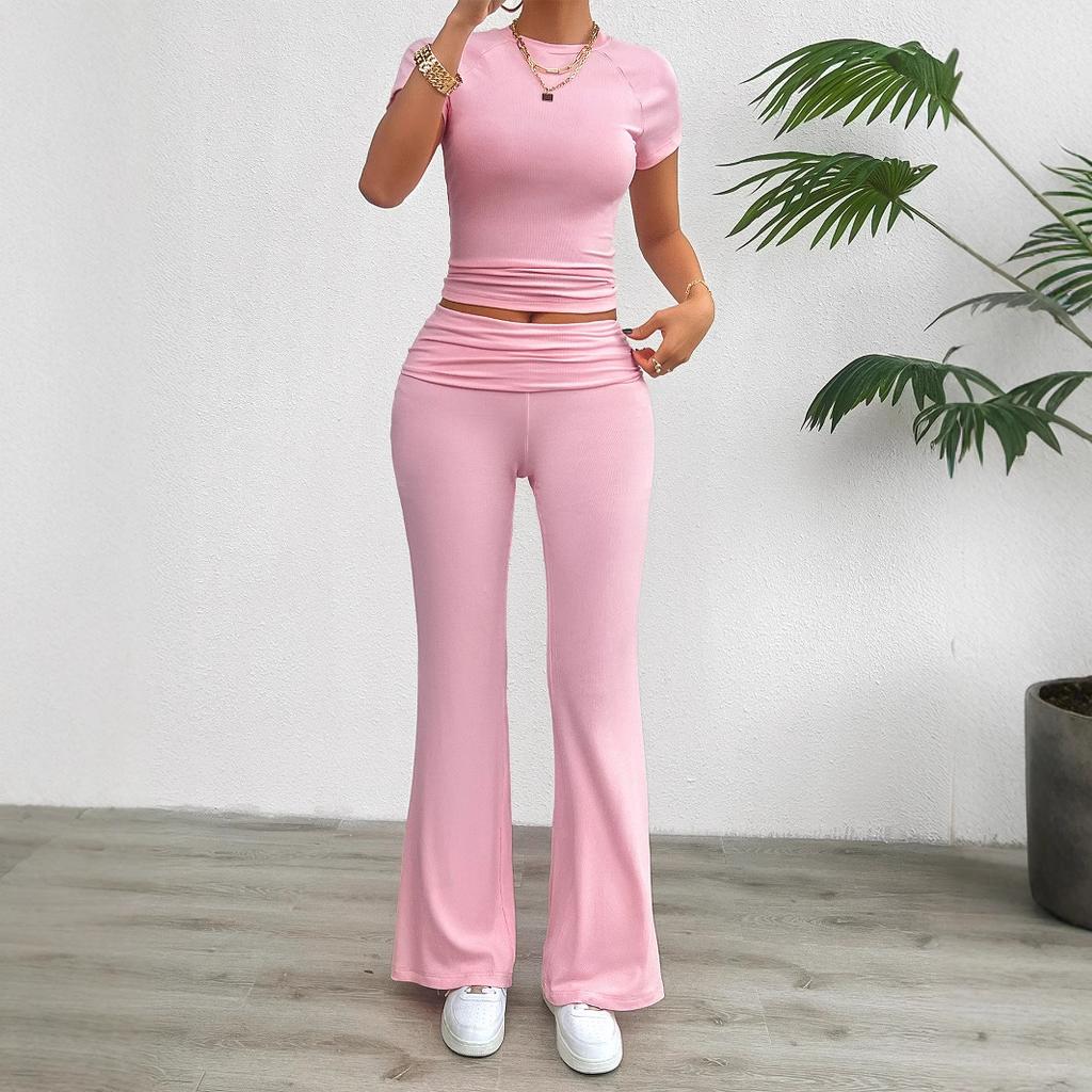 Women's Spring and Summer Yoga Sports Style Pure Color Short-sleeved Wide-leg Pant Suit