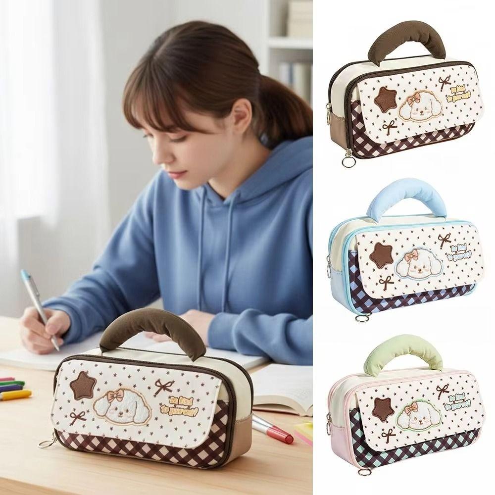 Handheld Embroidered Puppy Pencil Case Large Capacity Stationery Pouch Cartoon Pen Bag  Cosmetic