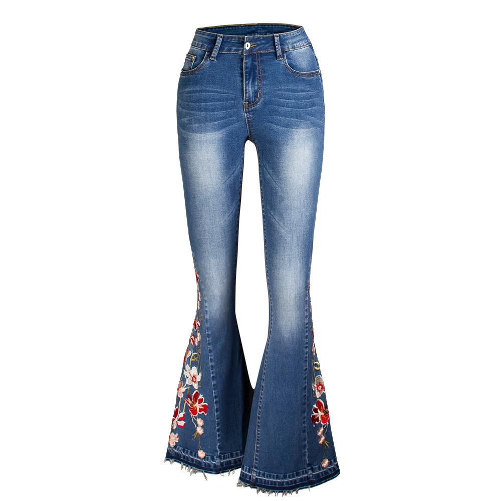 Women's Mid Rise Flare Jeans Loose Fit Streetwear Denim Trousers with Heavy Floral Embroidery Dark Wash Cotton Fabric