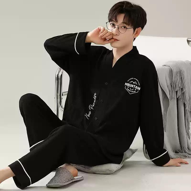 Herren Kimono Langarm Pyjama Set Cardigan Baumwolle Frühling und Herbst Loungewearkoreanische Mode Loungewear