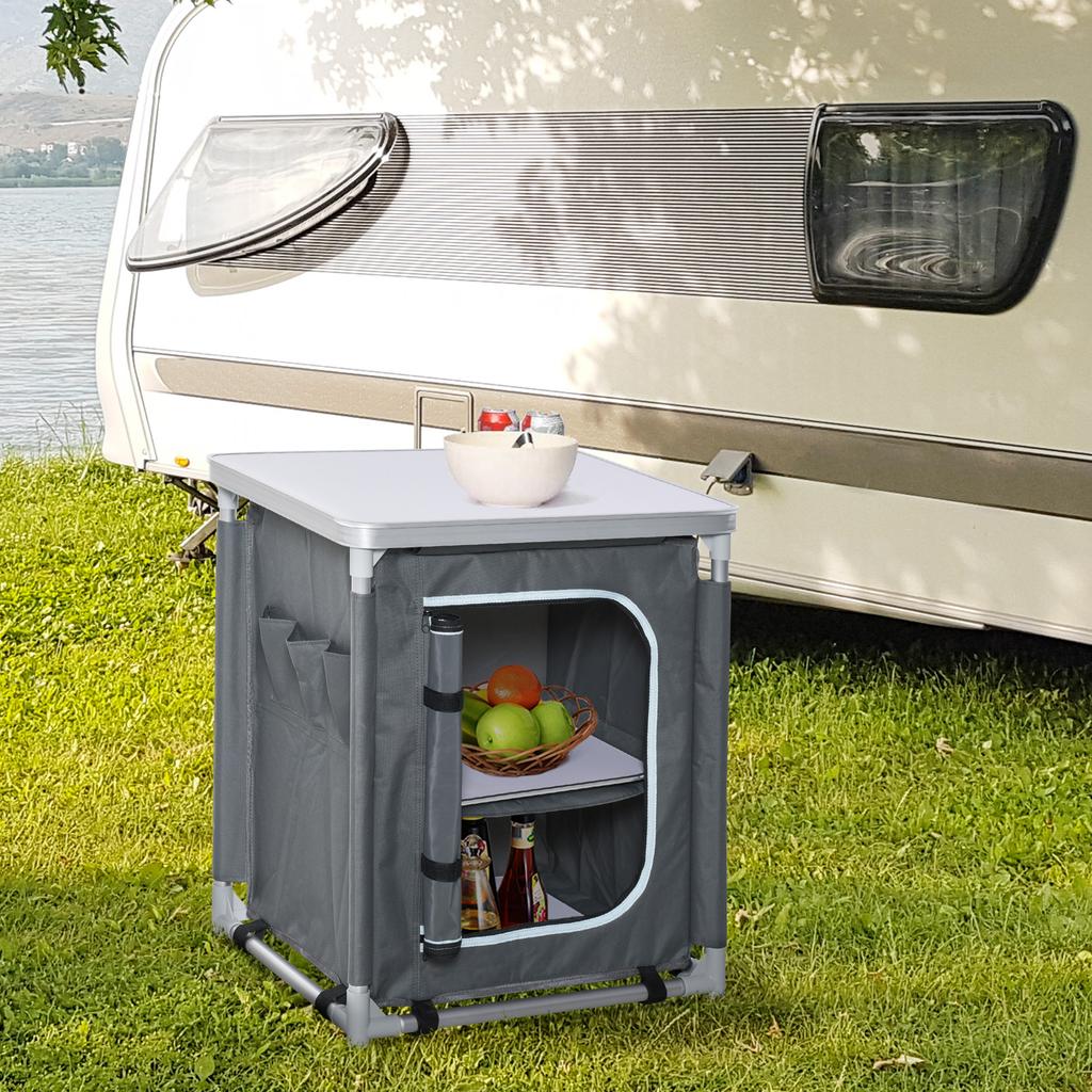 Foldable Camping Kitchen Cupboard with 2 Shelves and Carry Bag, Aluminium and Oxford Fabric 60x49x70cm Grey