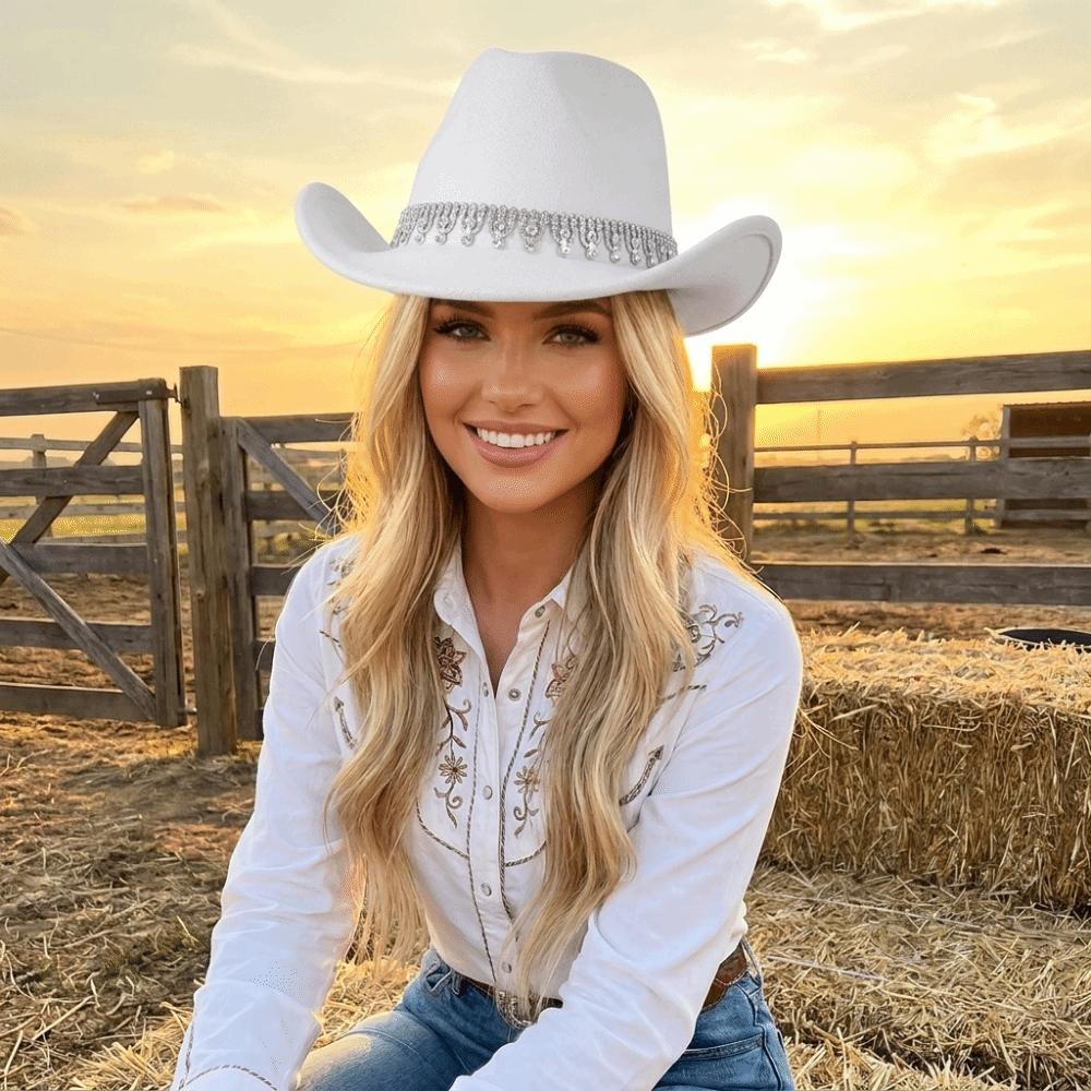 Sparkling Western Cowboy Hat Rhinestone Decoration Top Hat Elegant Felt Fedora Hat Women