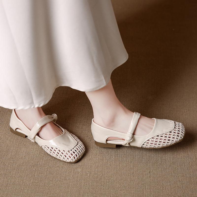 Ретро Тканые Мэри Джейн Балетки Дышащие Женские Летние С Открытым Носком На Одном Ремне Повседневная Модная Обувь Сандалии Слипоны 35 бежевый
