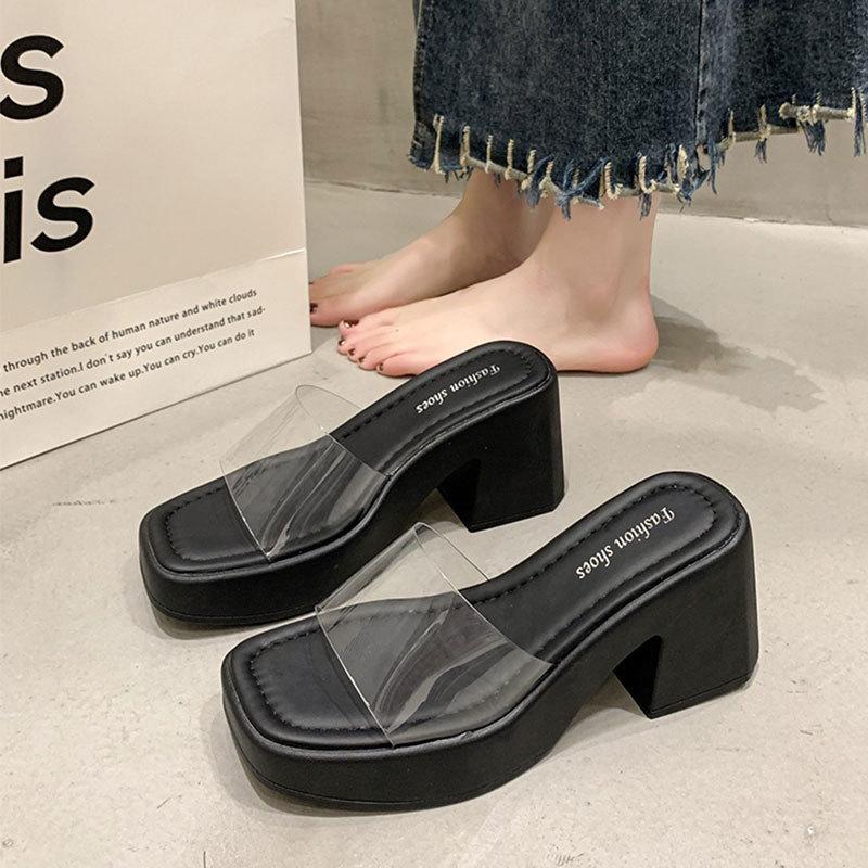 Papuci exterioare cu talpă groasă cu degete deschise, brioșe de modă pentru femei, cu un singur cuvânt, sandale transparente de zână cu toc înalt de vară 2025